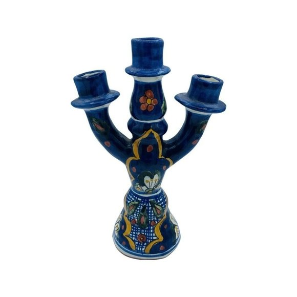 Tonal Other - Vintage mexican pottery Taper  candle holder candleabra blue Abstract 3 Arm 10”